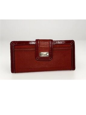 Fossil Red Genuine Leather Clutch Wallet Snap Button Organizer Card Holder